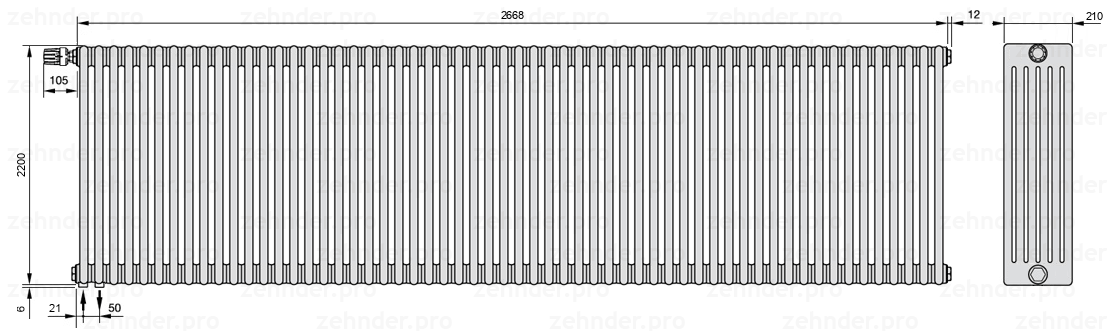 Схема (чертеж) Радиатор Zehnder Charleston 6220/58 №V001 Белый глянцевый RAL 9016